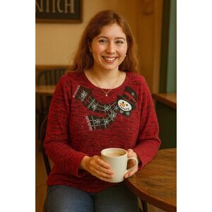 Vintage Large Red Black Pearls Holiday Christmas Snowman Crewneck Knit Sweater‎